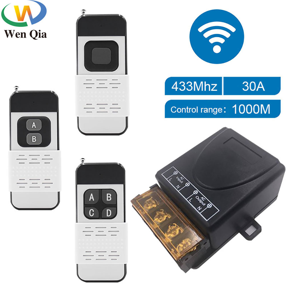 Wenqia công tắc điều khiển từ xa không dây 433mhz 1000m bộ thu rơ le 30a 1ch 220v 240v và bộ phát tầm xa cho đèn/đèn led bật tắt
