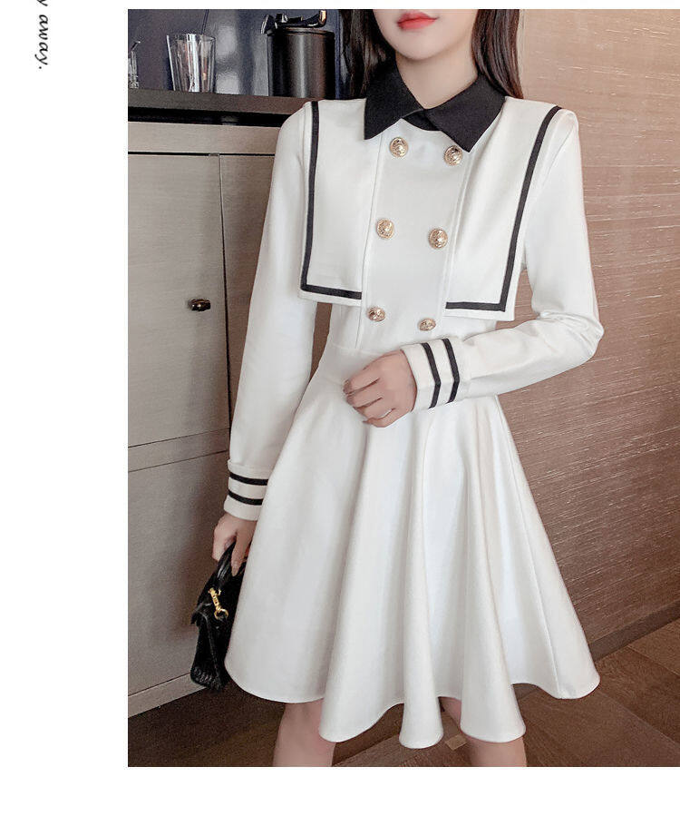 Navy style dress for women 2021 Spring and Autumn new small waist-tight temperament contrast color college style long sleeve A- line dress