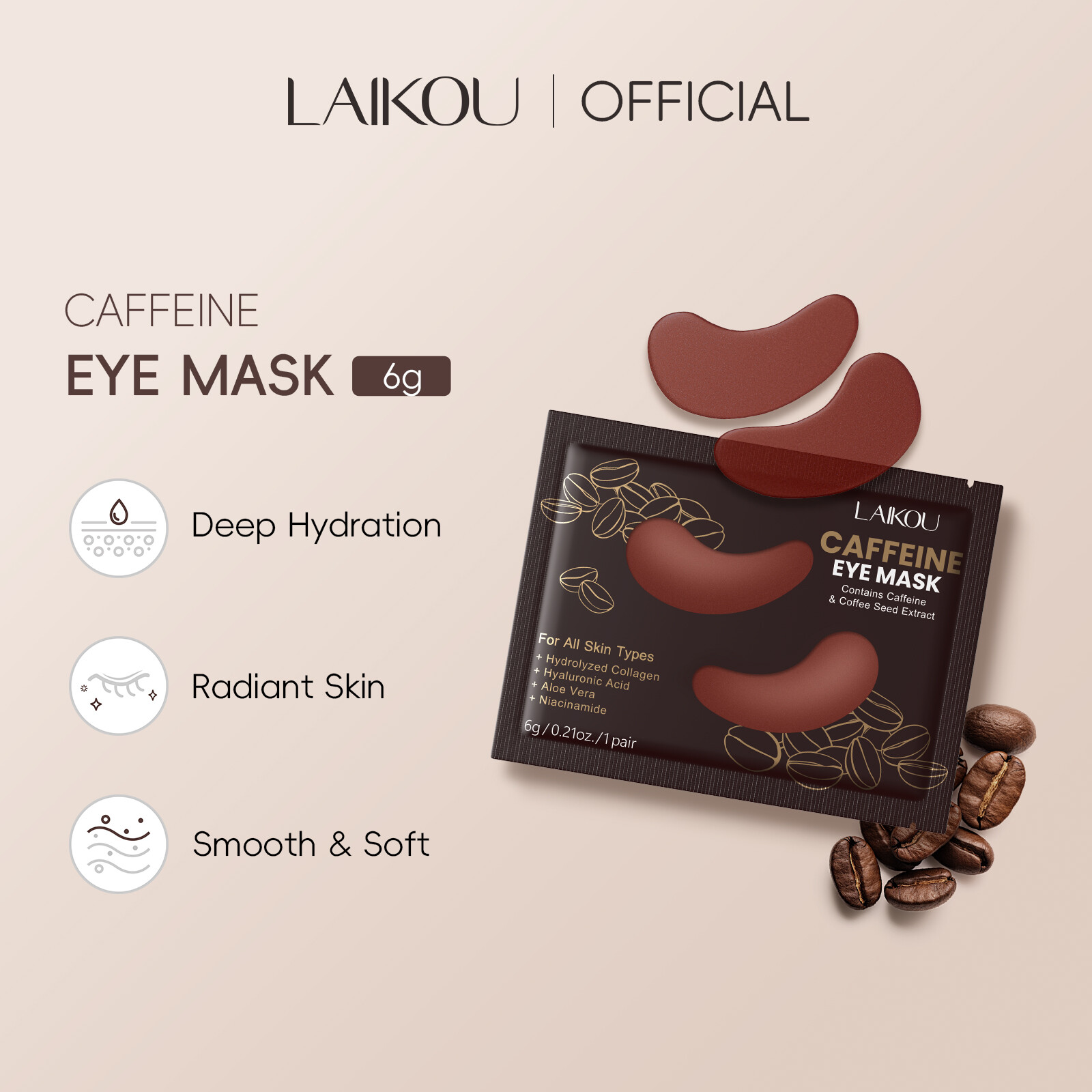 LAIKOU Caffeine Eye Mask 6g Niacinamide Reduce Dark Circles Deep Hydration Radiant Skin Anti-aging