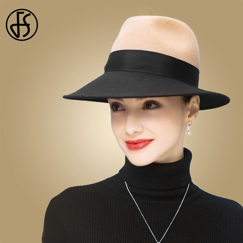 Mũ phớt fedora màu đen và lạc đà rộng vành cho nữ mũ phớt len ruy băng mũ quả dưa mũ trilby nữ chapeau femme feutre