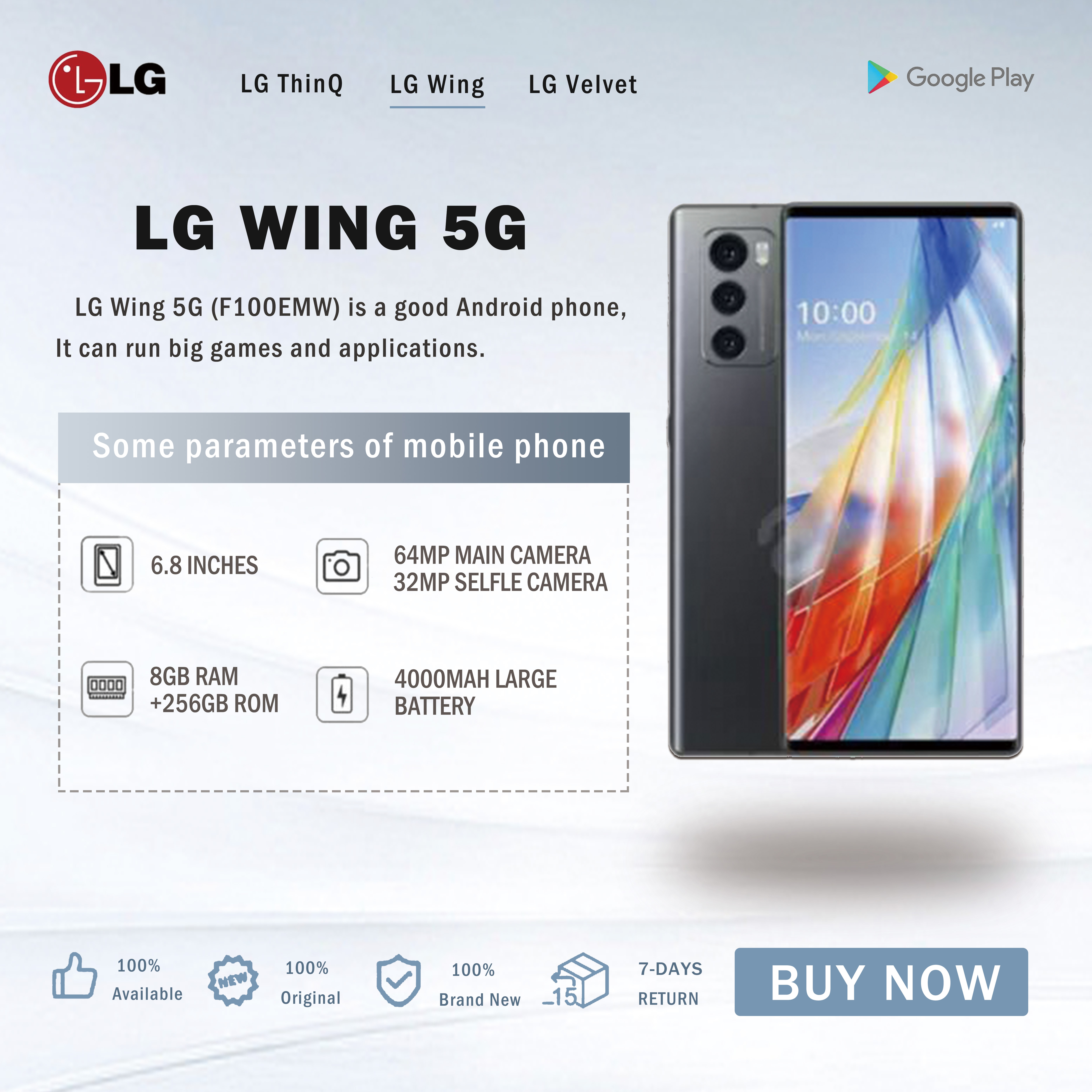LG WING 5G CellPhone Unlocked Flip Dual Screen Mobile Phone 6.8'' 8GB+256GB Snapdragon 765 Android NFC SmartPhone ราคา 10,617 บาท*ส่งฟรี