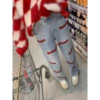 DaduHey Womens American Style Ins Letter Embroidered Jeans Fashion Brand Loose Straight Wide Leg Mop Retro High Street Pants
