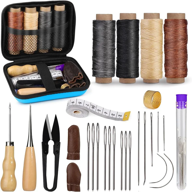 Leather Sewing Tools Kit With Waxed Thread And Needles Awl Professional DIY Leather Handmade Craft Accessories Set