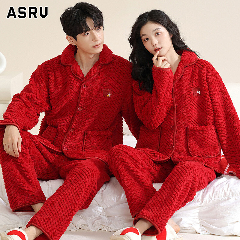 ASRV đồ ngủ nam quần sì nam Đồ ngủ nam và nữ dày vải nhung san hô loungewear Bộ đồ ngủ đôi Mùa Thu/Mùa Đông Bộ đồ bằng vải flanen