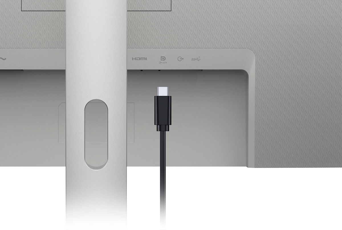 Picture of a Dell S2723HC Monitor on its back showing the ports available behind the product.