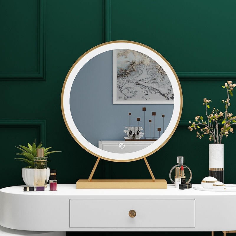 Gambar Nordic net red large golden fill light mirror desktop desktop dresser bedroom makeup mirror round mirror with lamp home