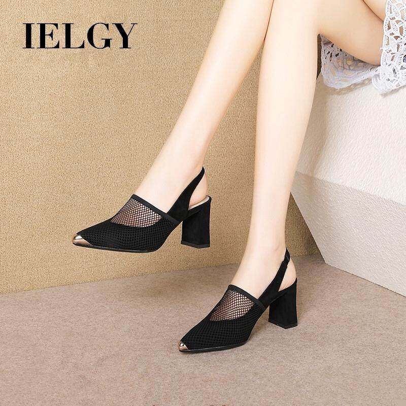 IELGY cao Xăng đan cao gót đen gót dày 5.5cm mũi nhọn lưới thoáng khí sexy cao Giày cao gót cho phụ nữ