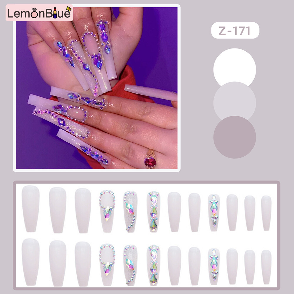 Gambar Long Press on Nails Cute Gradient Grey Design Sweet Style Full Coverage Nails Artificial Nails 24PCS Manicure Salon DIY Art Finished Nail Piece Removable with Jelly Gel Glue