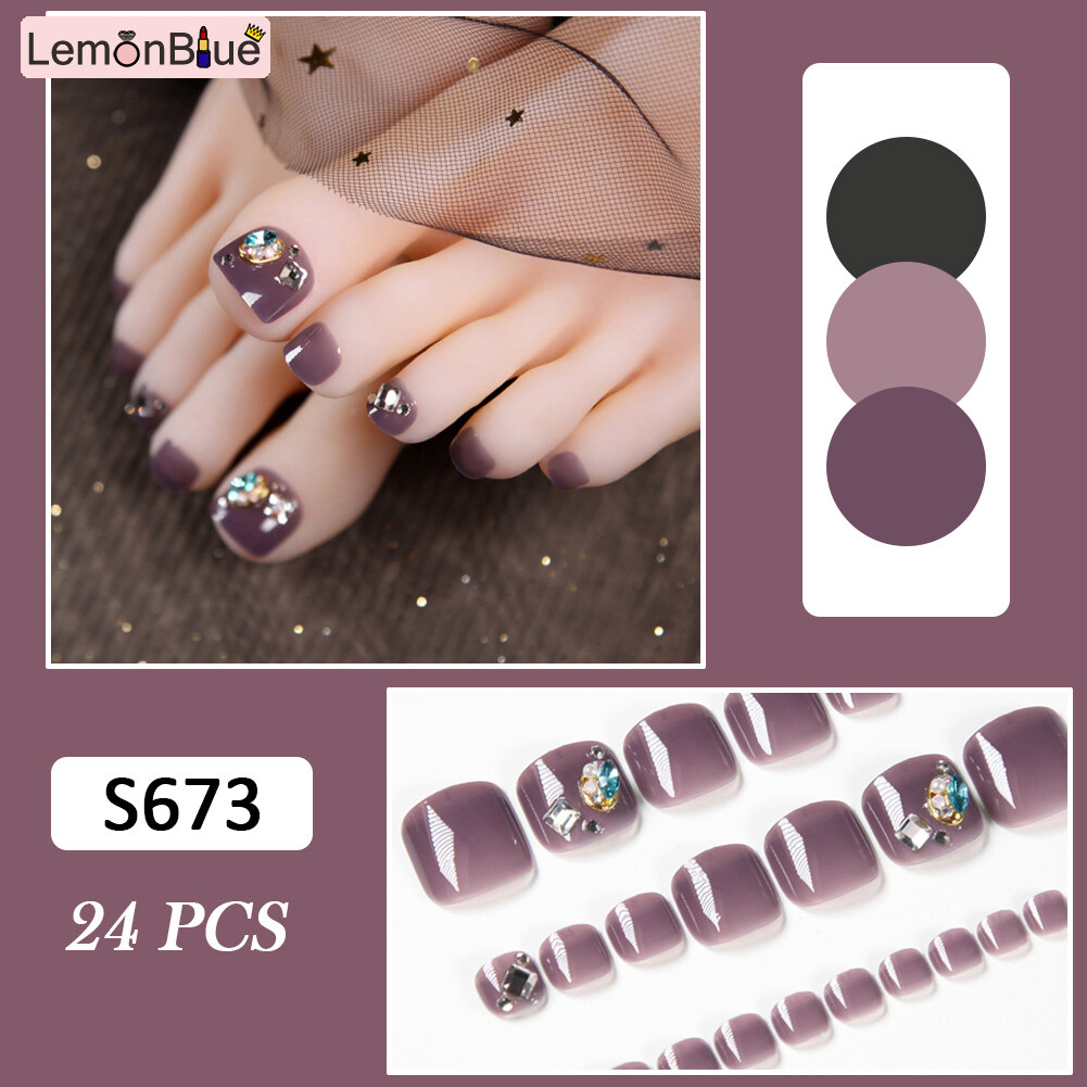 Gambar 24PCS Purple Fake Toenails Glitter Art Design Short Full Cover False Toenails Removable Save Time Artificial Toenails Manicure Nail Art