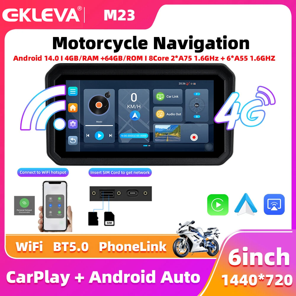  Ekleva 6 Inch DVR Xe Máy Android 14 8 Lõi 4 + 64GB Động Cơ Không Dây Carplay Android xe máy tự động Ghi Bảng Điều Khiển Navigation Màn hình hiển thị Tpms Màn Hình Ghi 