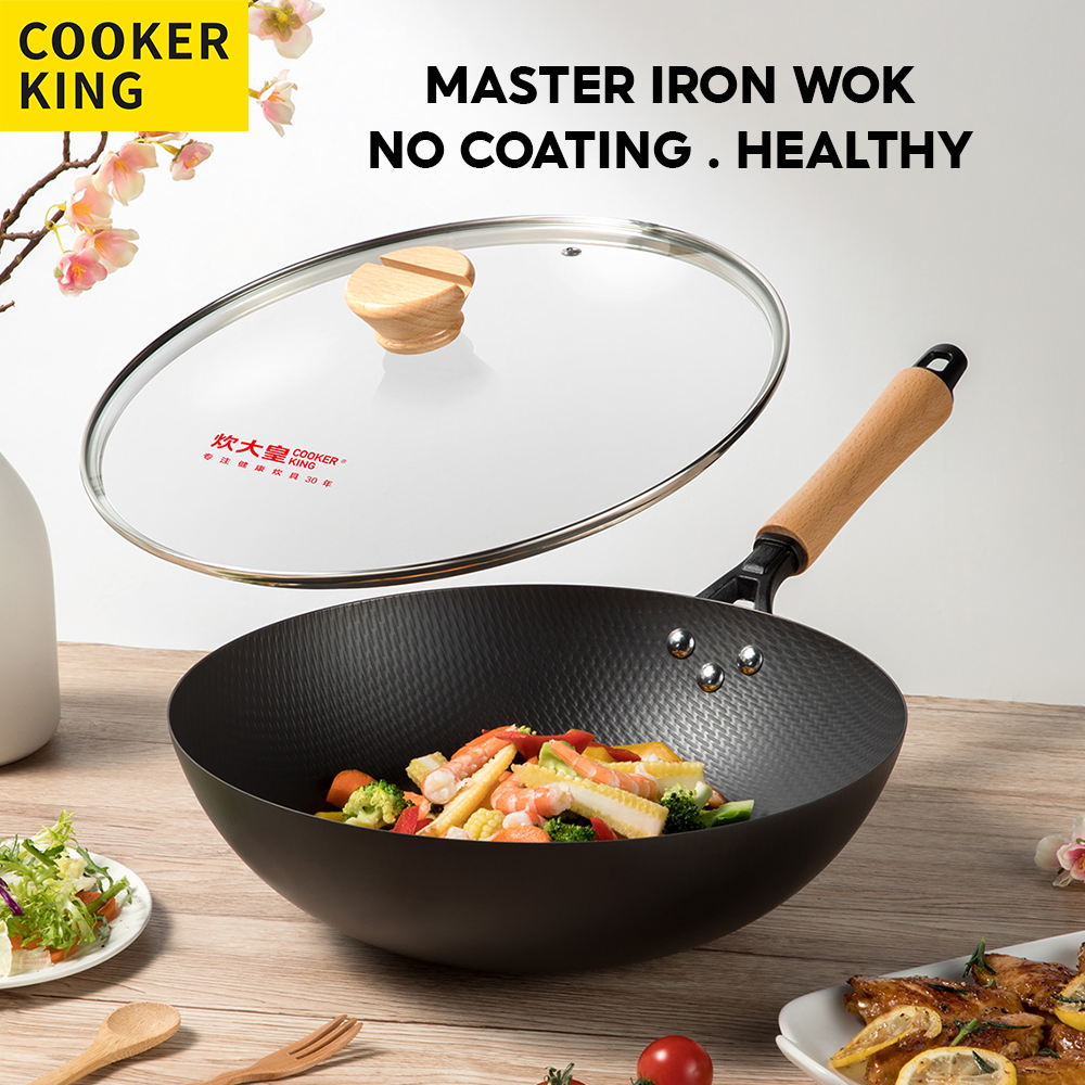 Gambar READY STOCK_COOKER KING?No Coating, Pre seasoned?Traditional Iron Wok Iron Pan Carbon Steel Wok Cookware With Lid Household,30cm 32cm 34cm