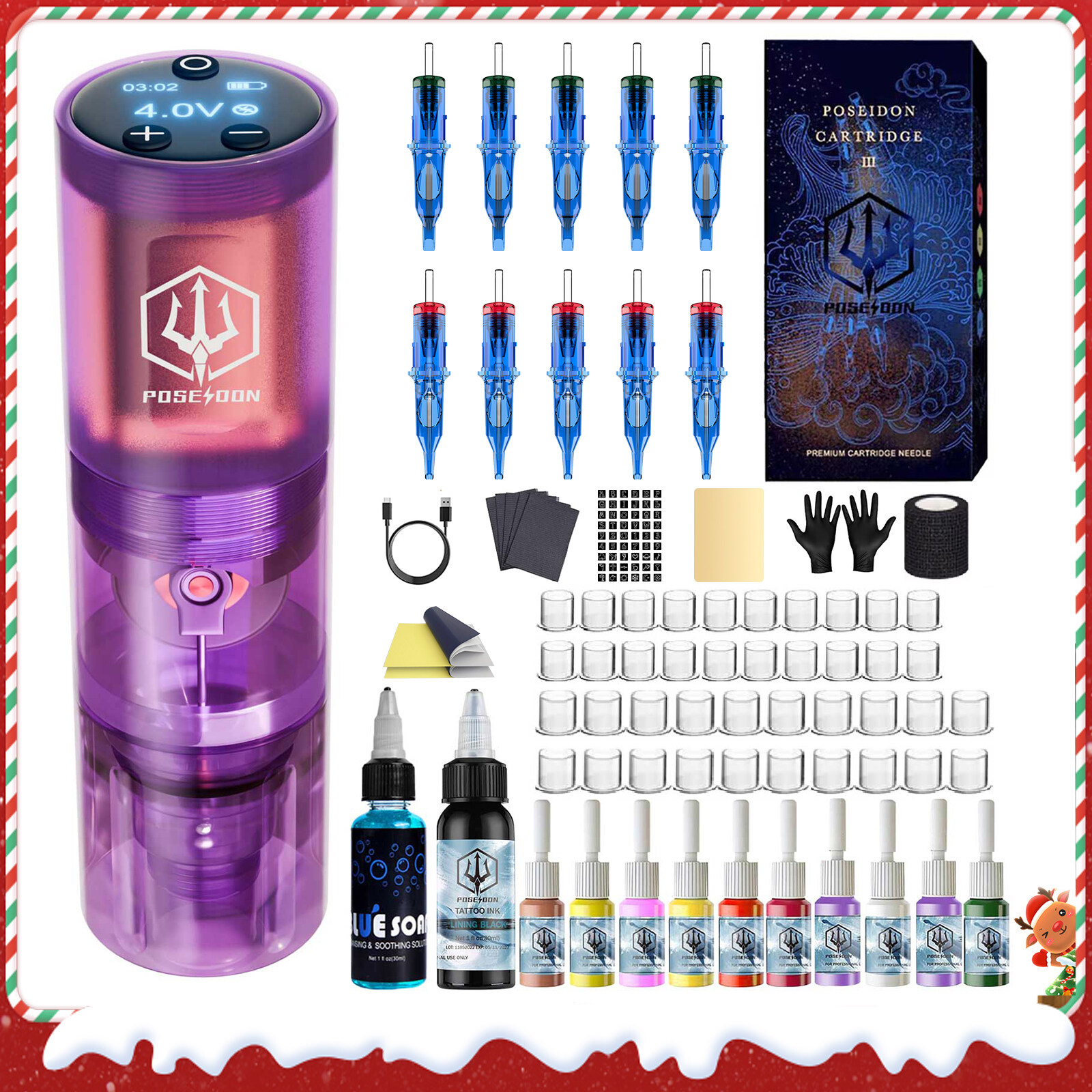 Poseidon Halloween Bộ dụng cụ xăm bút Tattoo với 10 cái kim xăm, Máy xăm quằn quại với phụ kiện xăm hình và hình xăm dán dạ quang cho nghệ sĩ