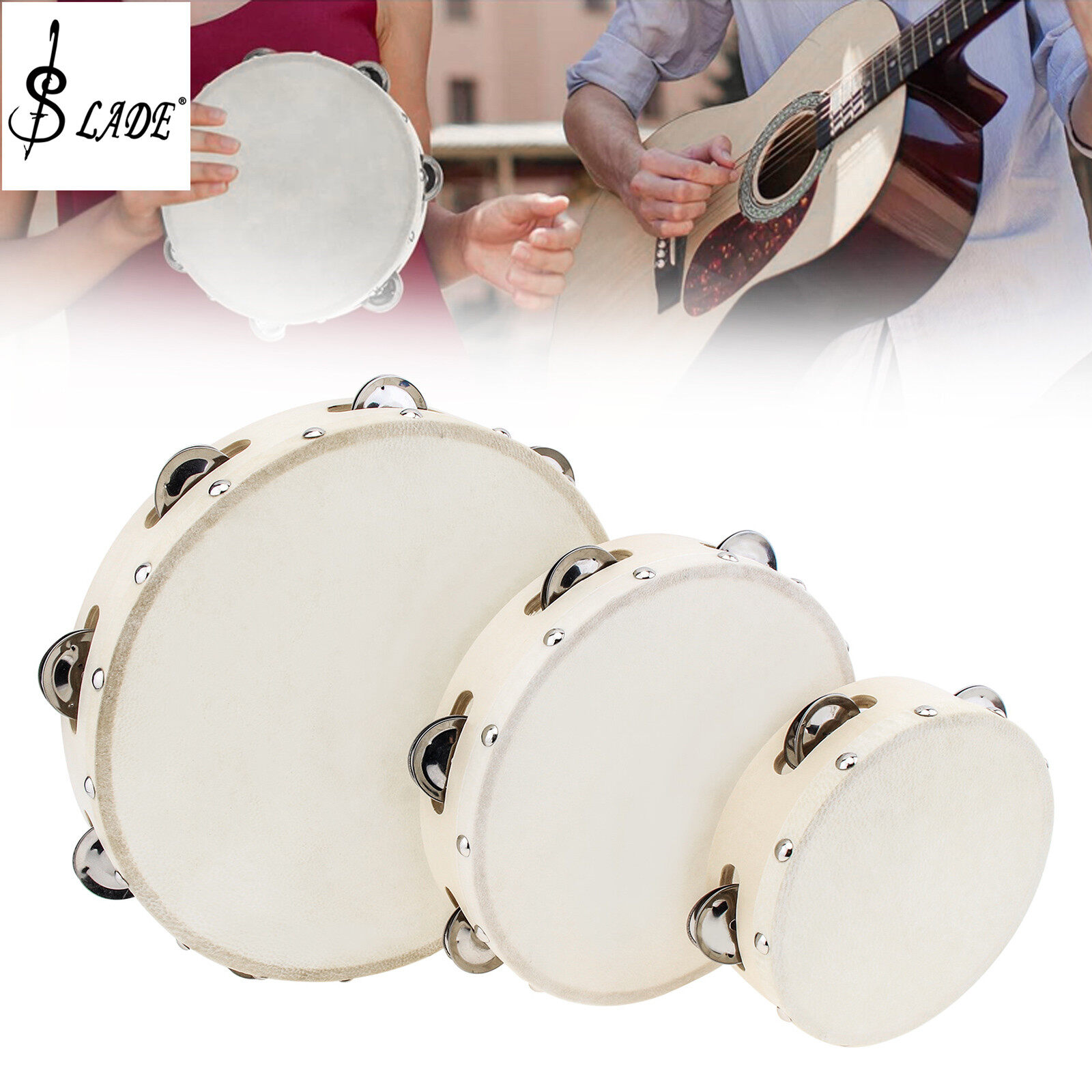SLADE 1pcs Hand Held Tambourine Drum 6 8 10 inch Single Row Jingle Bells