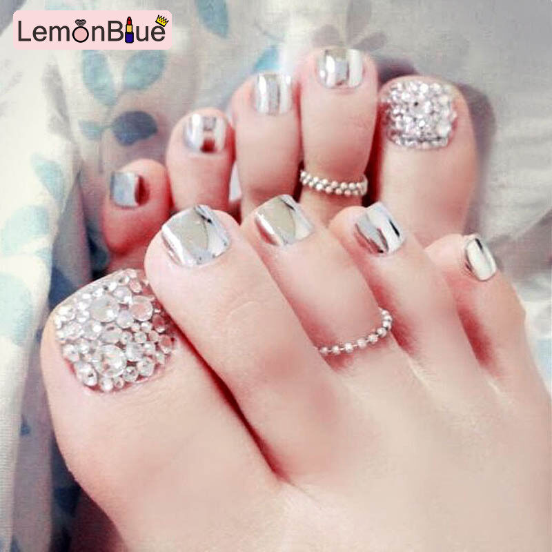 Gambar LemonBlue 24 Pcs Set Fashion Foot False Nail Tips Toe Art Tool Glitter Rhinestone Women Ladies Fake Toes Nails With Glue