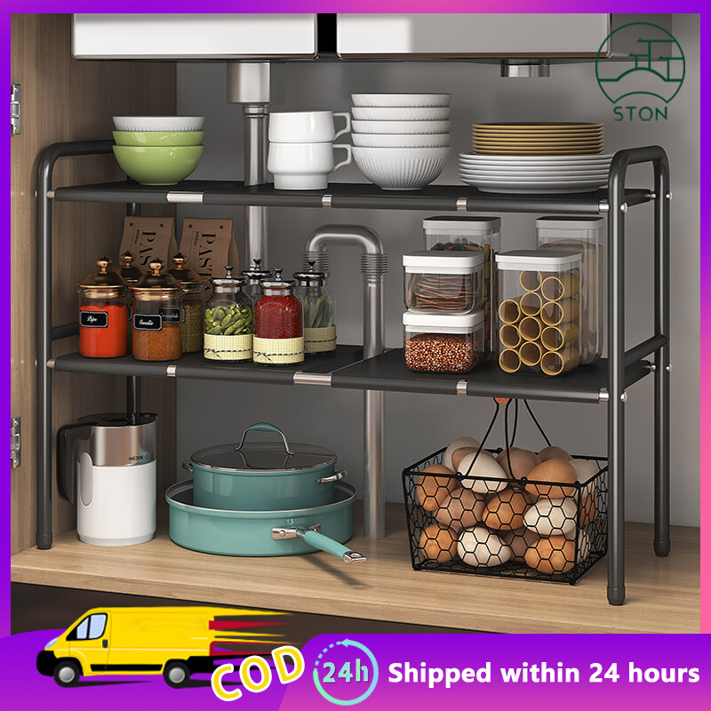 Gambar STON Double Layer Extendable Stainless Steel Kitchen Organizer Under Sink Rack Shelf Racks Rak Serbaguna Dapur Sinki