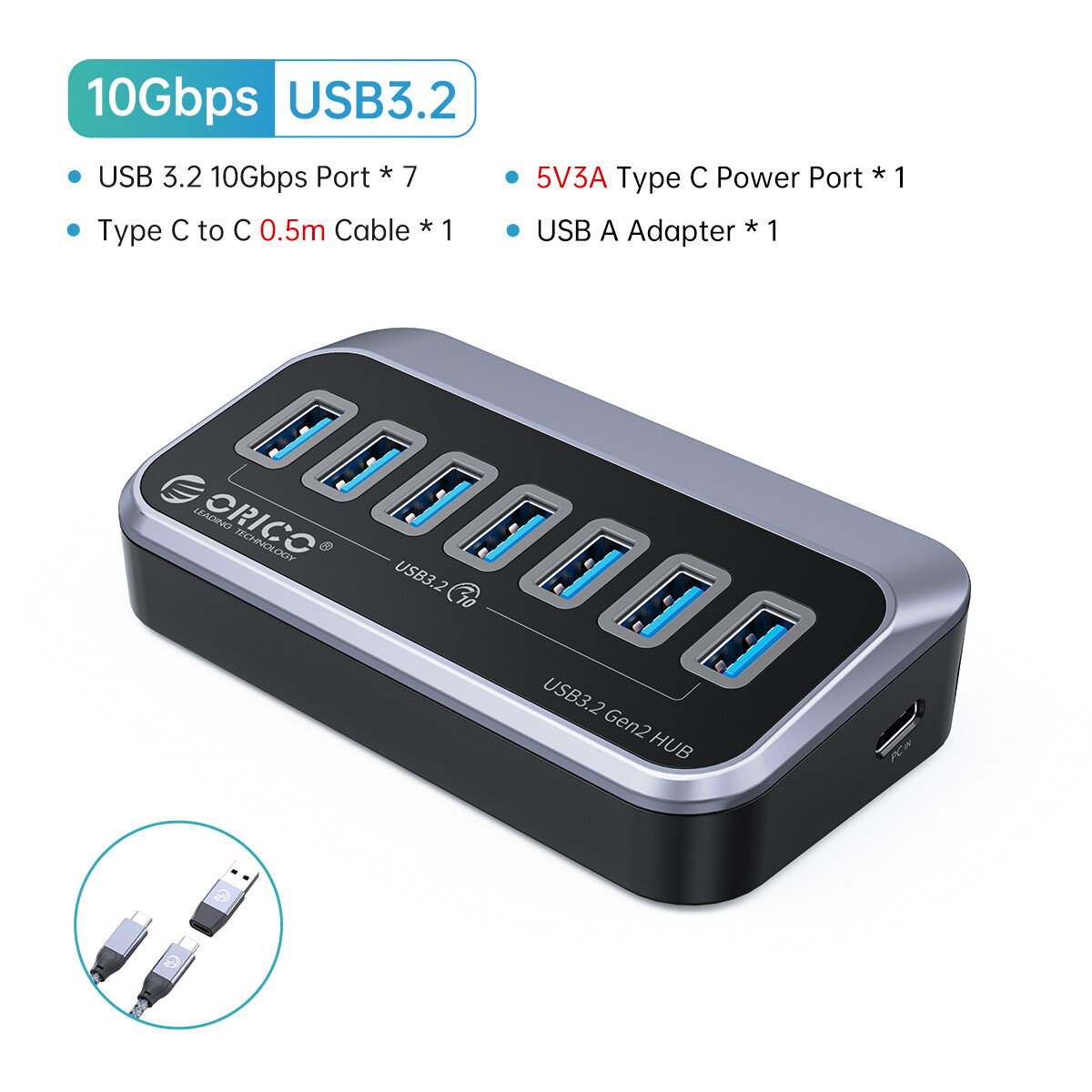 Bộ Chia USB Cấp Nguồn Bộ Chia Dữ Liệu USB ORICO 7 Cổng Với Cổng Sạc PD 18W Bộ Chia USB Siêu Tốc 10Gb