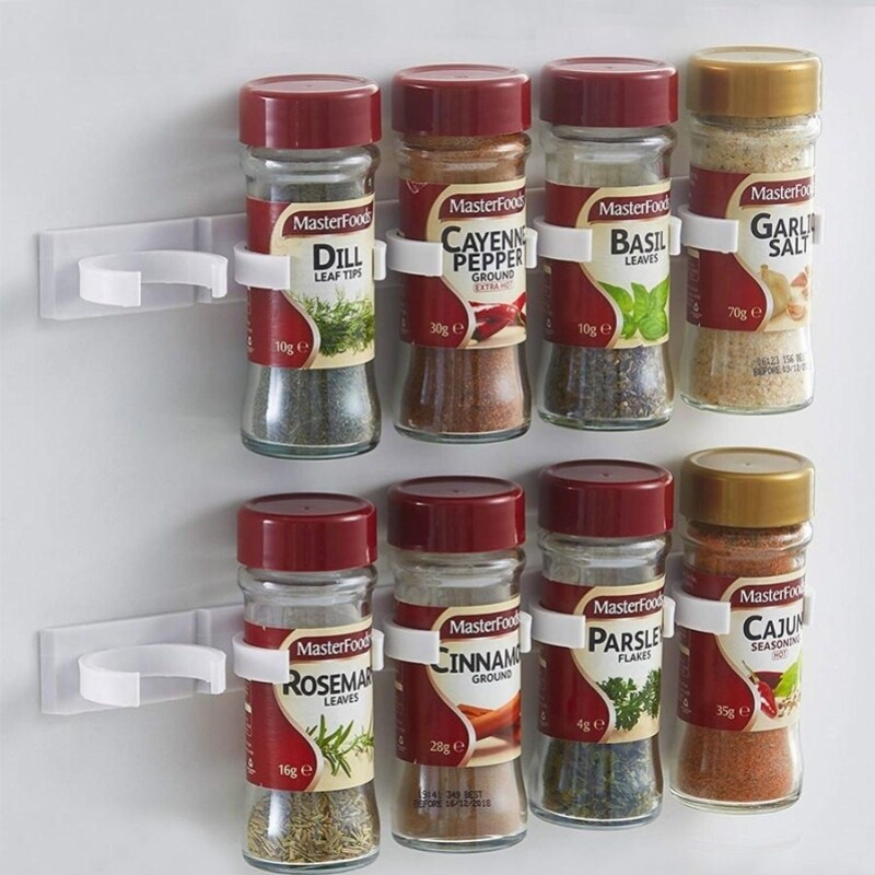 Gambar 2 4PCS Kitchen Storage Clips Rack Wall Mount Spice Rack Seasoning Bottle Plastic Clip Cabinet Door Hooks Jar Spice Holder Tools