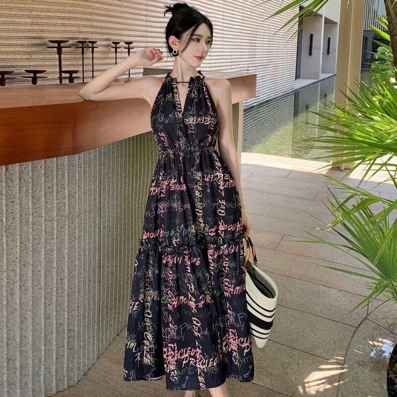 Piaopiao, đầm nữ, chữ đen in treo váy, thời trang mới váy dài Pháp