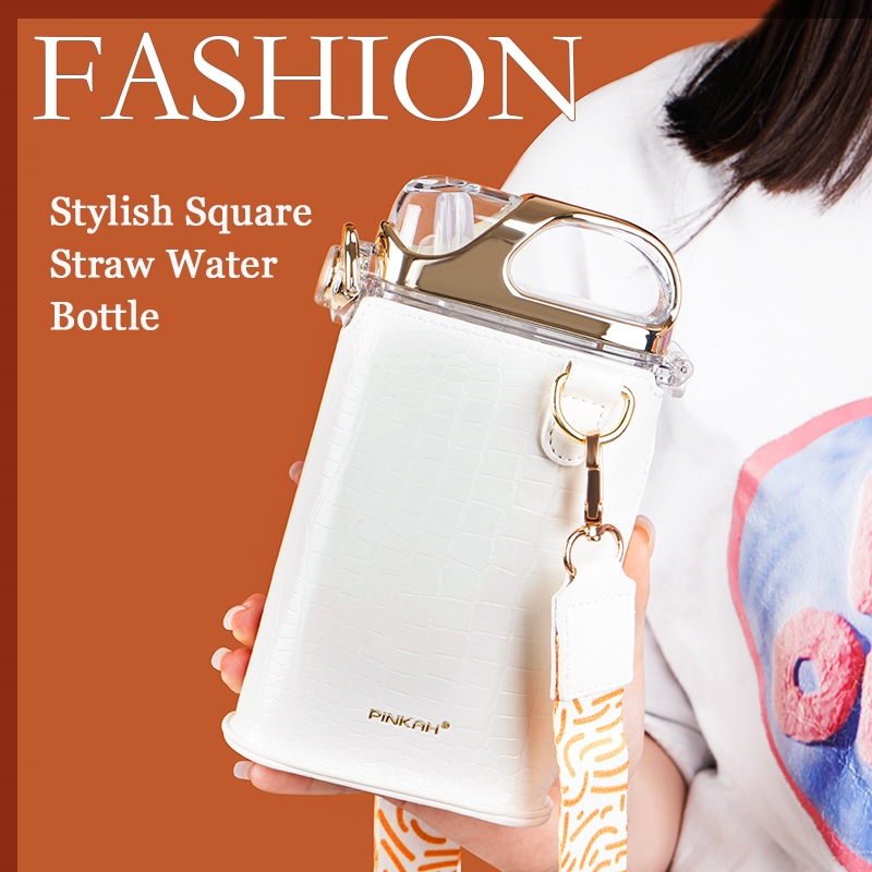 Gambar ?CW? PINKAHFashion Water Bottle Household SuppliesMaterial Square Water Cup Food Grade Silicone Straw380ml