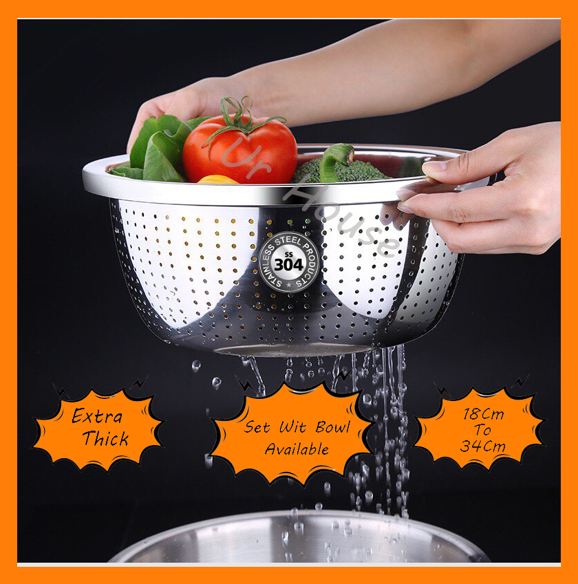 Gambar [Ready Stock] 304Stainless Steel Rice Washing Bowl Colander Strainer Drainers Rice Vegetables