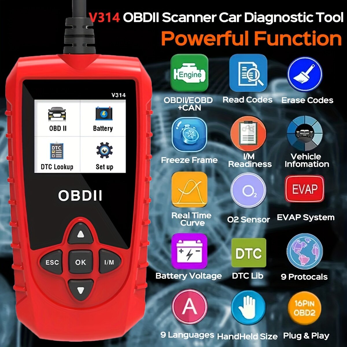 OBD2 Máy Quét Chẩn đoán xe hơi V314-Công cụ quét chẩn đoán Màn hình màu cho ô tô giao thức OBDII-Tự động Đọc mã lỗi kiểm tra ánh sáng động cơ-Đầu đọc mã mã lỗi xe
