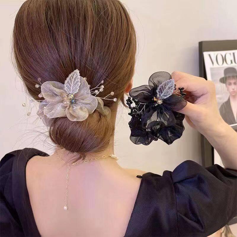 Sunflower Crystal Beaded Hair Tie Korean Luxury Hair Rope Bow Hair Rubber Band Women Girls Scrunchies