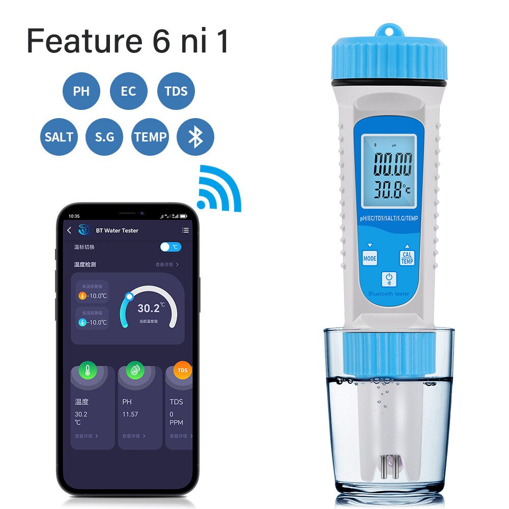 Máy đo PH Bluetooth EC TDS Độ mặn TEMP SG Máy kiểm tra chất lượng nước kỹ thuật số Màn hình trực tuyến APP thông minh 6 trong 1
