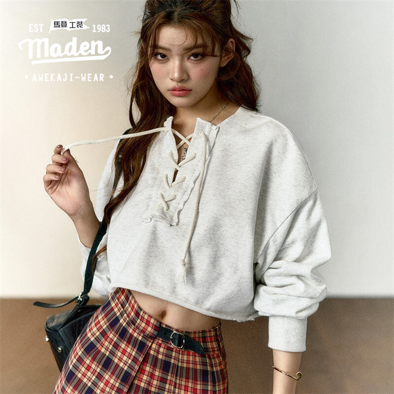 MADEN brand girls sexy and mischievous high waisted pullover 2024 spring new hoodie V-neck casual Korean version trendy ins  Loose short and long sleeved