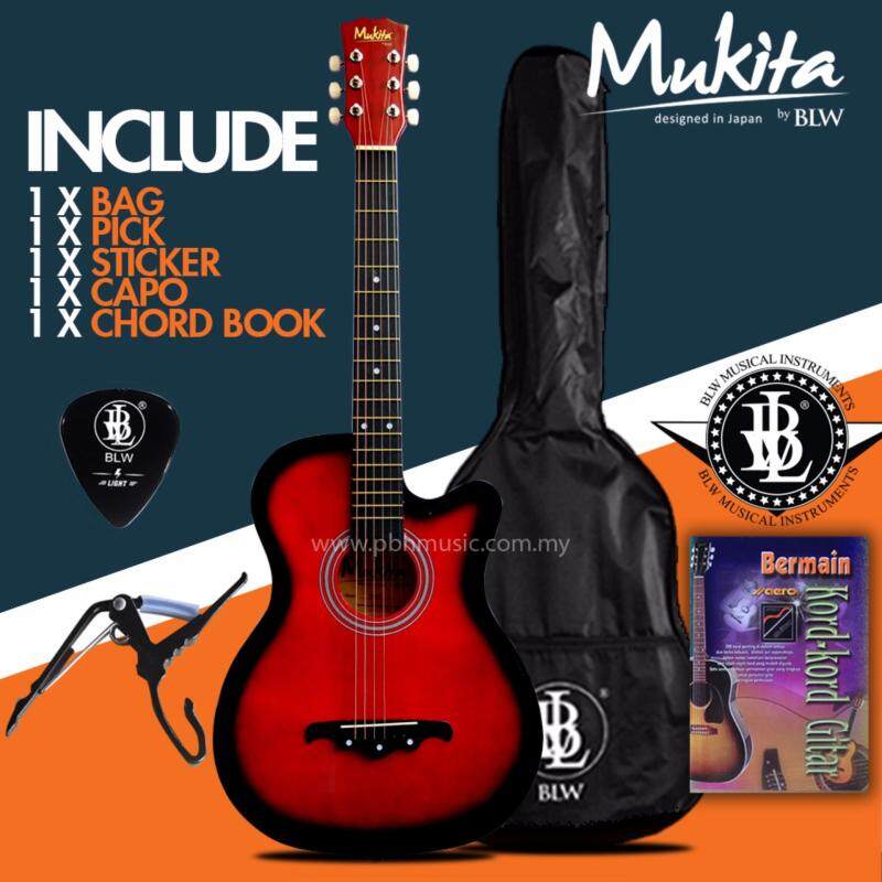 Mukita by BLW Standard Acoustic Folk Cutaway Basic Guitar Package 38 Inch for beginners with Bag, Pick, Capo, Chord Book and Merchandise Sticker (Red) Malaysia