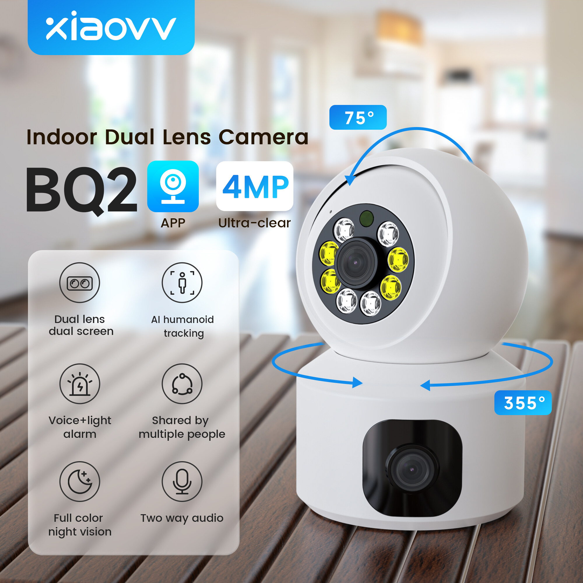 Xiaovv (sử dụng V380 Pro App) bq2 ống kính kép thông minh PTZ camera trong nhà ip wifi không dây bé Màn hình 355 ° xoay đầy màu sắc nhìn trong đêm điện thoại từ xa cho an ninh cho ngôi nhà CCTV giám sát thông minh