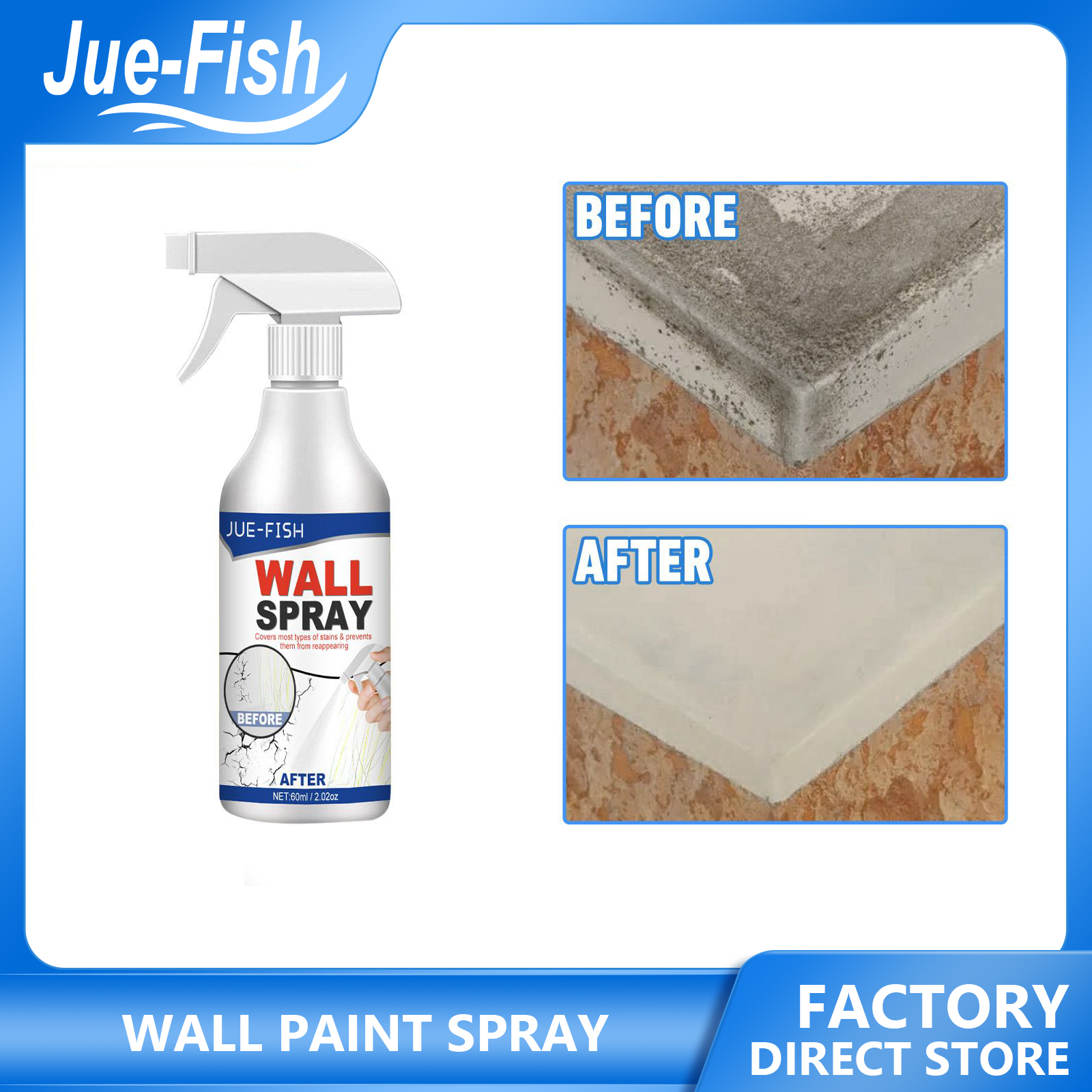 JUE-FISH 60ml Wall straight spray paint cover stains wall off repair household interior renovation straight spray paint Wall Paint Spray For Covering Wall Stains Interior Renovation Household Mold Remover Spray Mildew Cleaning Agent ราคา 126 บาท*ส่งฟรี