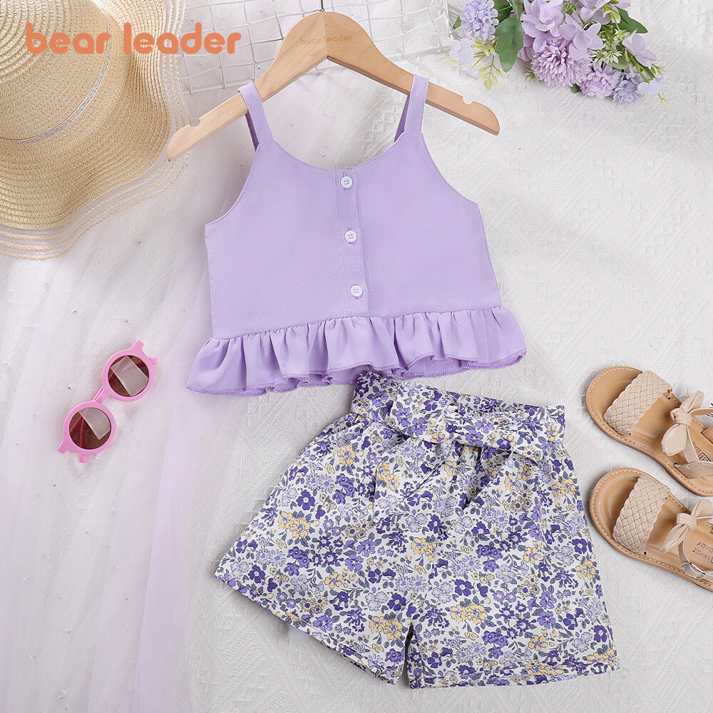 Gấu lãnh đạo bé gái vest T-Shirts và quần soóc hoa Bộ quần áo mùa hè thời trang quần áo không tay siuts 3-7 năm trẻ em trang phục