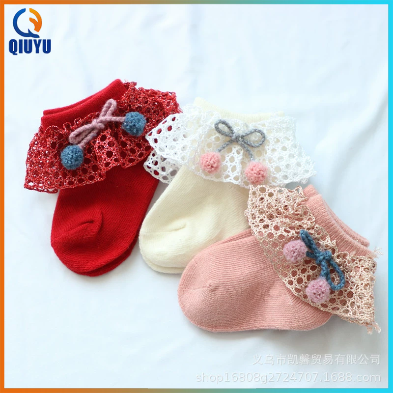 QIUYU Cute Pompom Baby Socks Soft Cotton Lace Princess Girl Short Socks