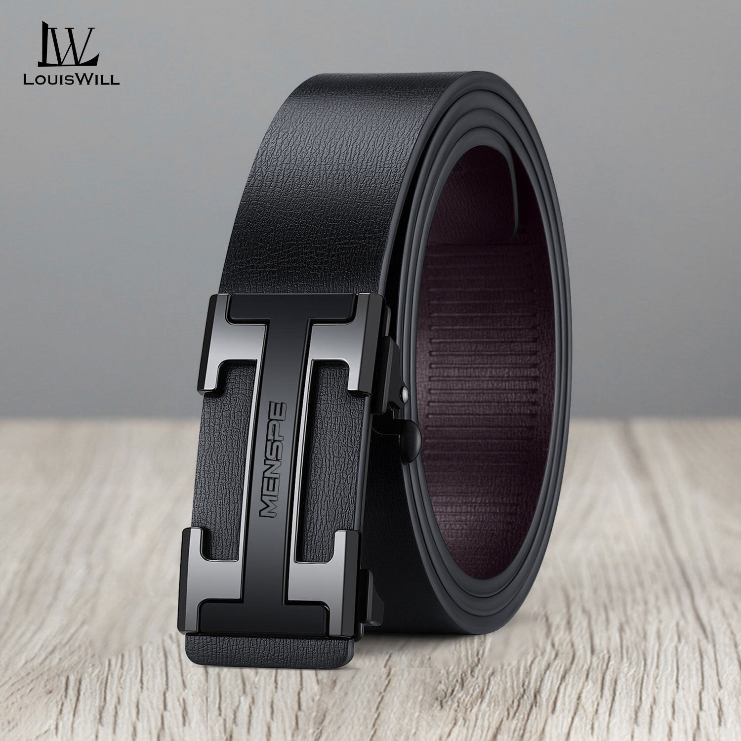 LouisWill Men's Belt Men Fashion Belt Men Genuine Leather Belts H Letter Pattern Belt Two-layer Cowhide Automatic Buckle Belts Brand Luxury High Quality Business Strap Male Waistband for Men ราคา 179 บาท*ส่งฟรี