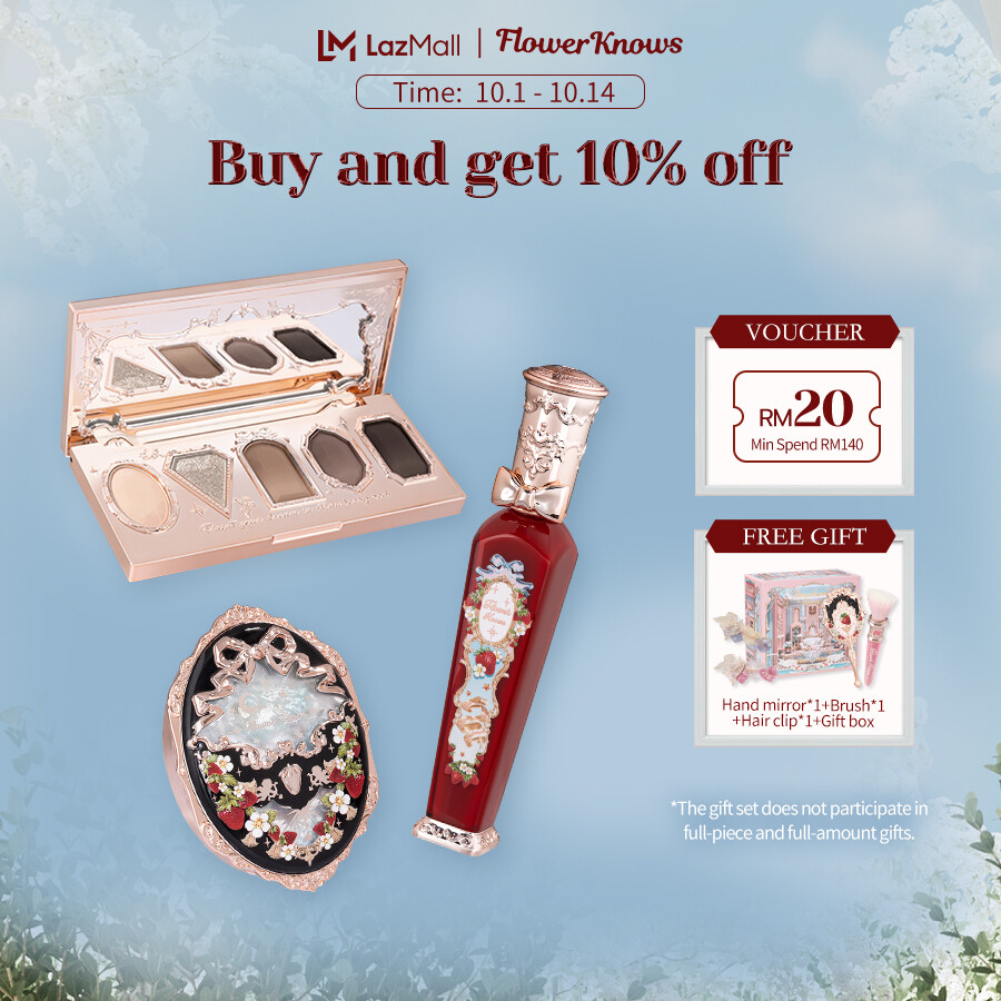 Gambar FlowerKnows Strawberry Rococo Series Afternoon Tea Set Makeup Set Five Color Eyeshadow Palette Cloud Lip Cream Lipsticks Embossed Blush Gift Set