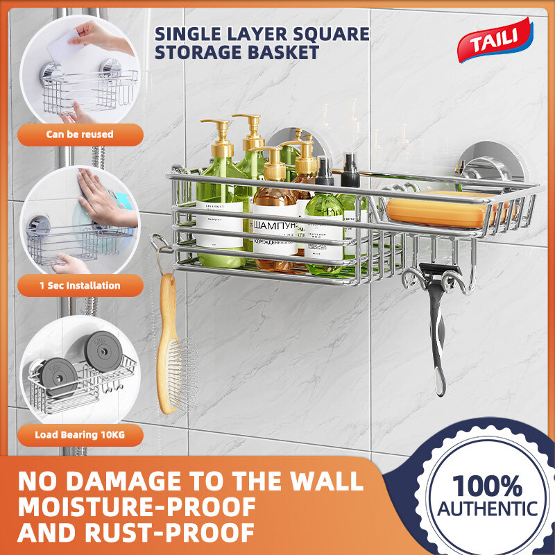 TAILI Shower Rack Suction Cup with Hook and Soap Holder, Heavy Duty Bathroom Shower Storage Rack, No Drilling Shower Rack for Shower Caddy, Metal Black Shower Rack Storage Rack ราคา 336 บาท*ส่งฟรี