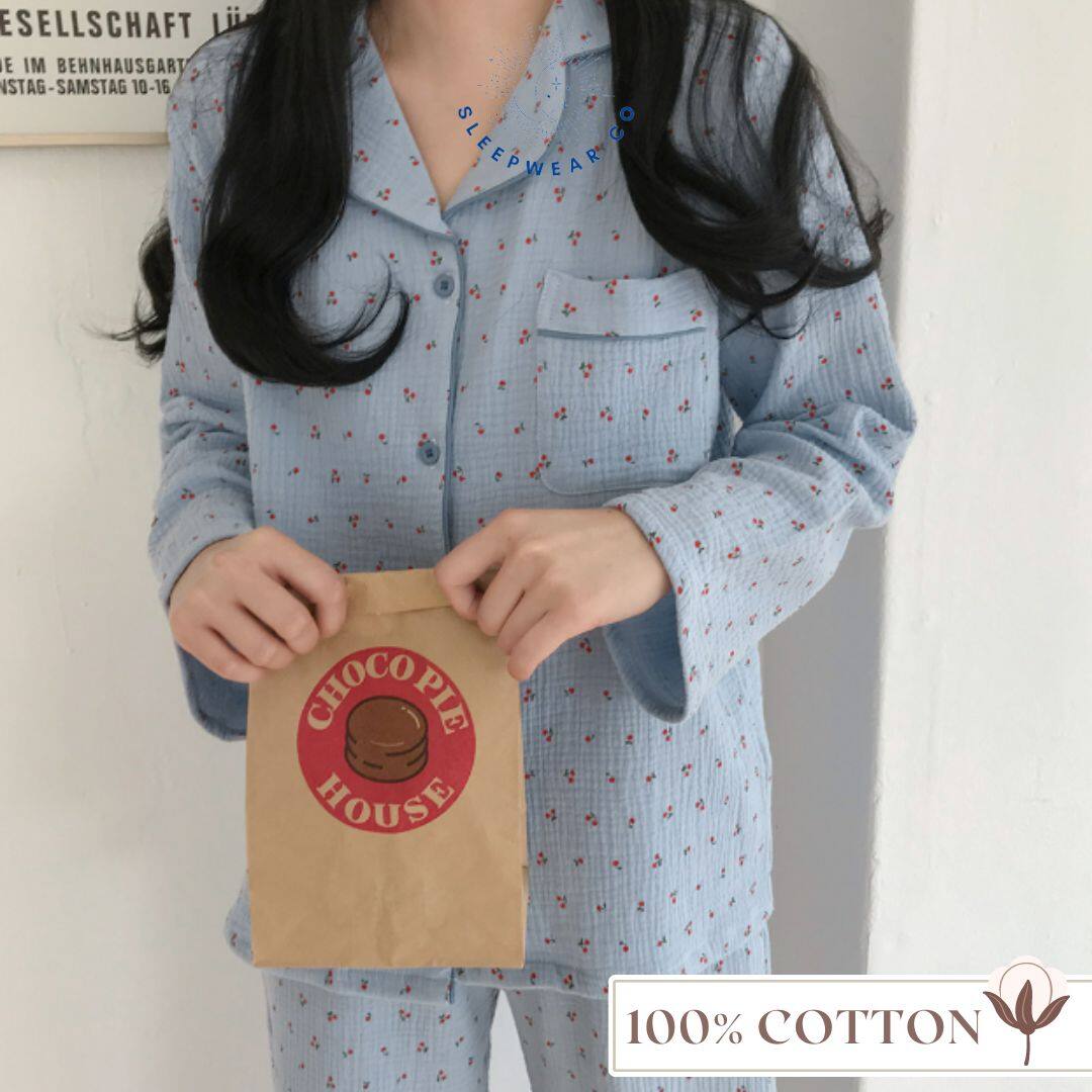 Sleepwear Co 100% Cotton Pyjamas Woman Pajamas Women Set Long Sleeve Cherry Baju Tidur Wanita Cotton Piyama Tidur Wanita Lengan Panjang 睡衣裤套装女