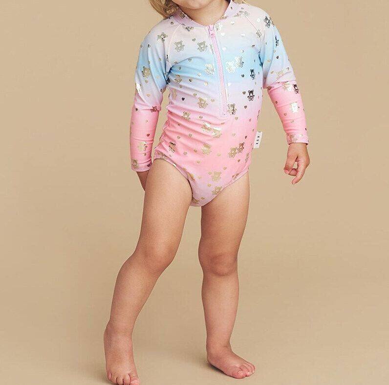 Toddler Girls Long Sleeve Bathing Suit Crew Neck Zipper Swimwear Gradient Color Swimsuit