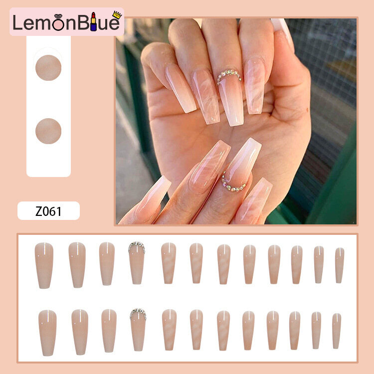 Gambar LemonBlue 24pcs Nude Gradient Nail Patch Rhinestone Inlaid Glue Type Removable Long Paragraph Fashion Manicure False Nails Patch