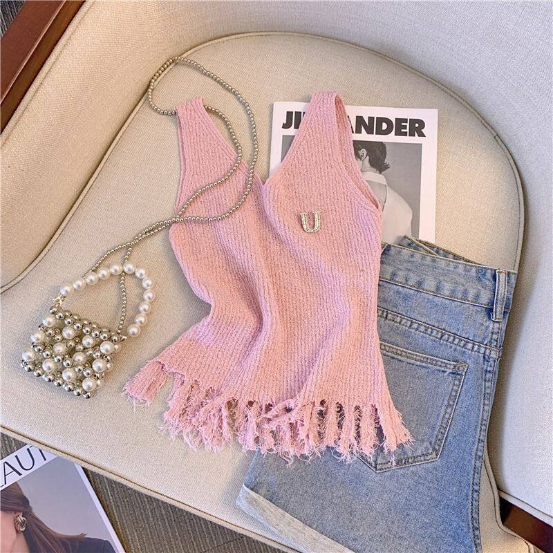 Gadinus áo hai dây cổ chữ V tua rua gợi cảm áo Áo đan sát nách Y2K gyaru quần áo Áo len cắt màu hồng không tay áo hở eo TG-CQ2048 nữ