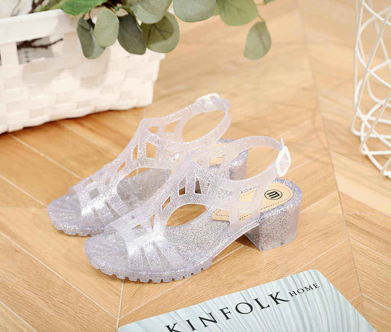 Summer sandals womens crystal glitter jelly shoes open-toed thick heel sandals plastic womens sandals casual beach shoes