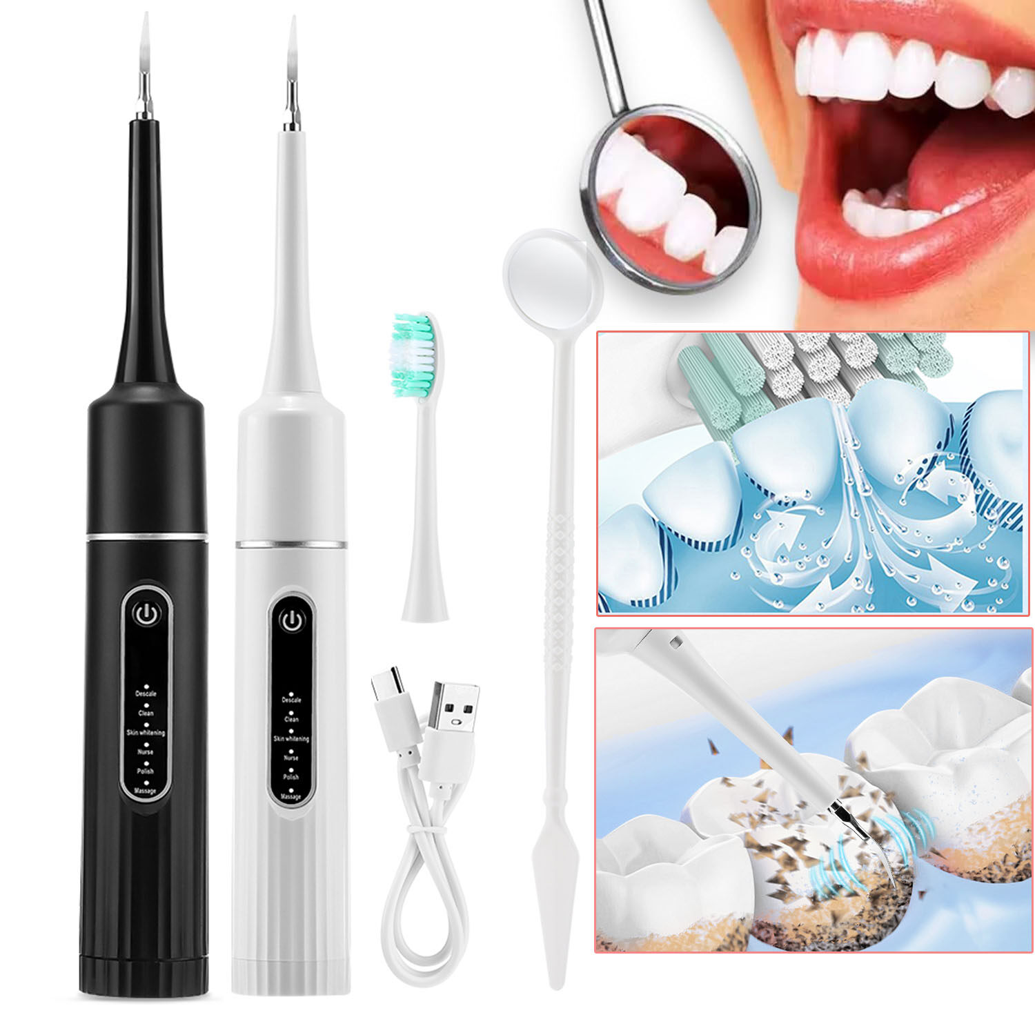 Điện siêu âm máy Đo tỷ lệ nha khoa làm sạch răng gia đình di động bàn chải đánh răng tẩy cao răng cao răng Làm sạch làm trắng răng sạc USB