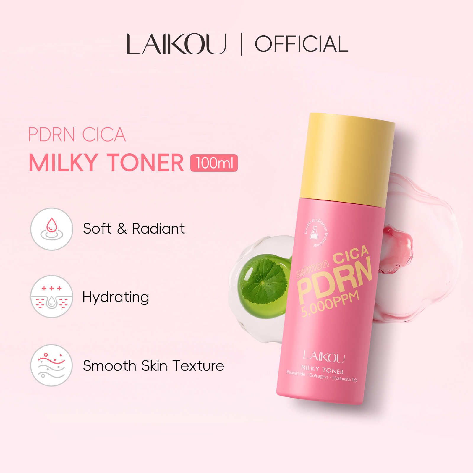 LAIKOU Pdrn Cica Milky Toner 100ml Niacinamide Collagen Hydrating Smooth Skin Texture Soft & Radiant
