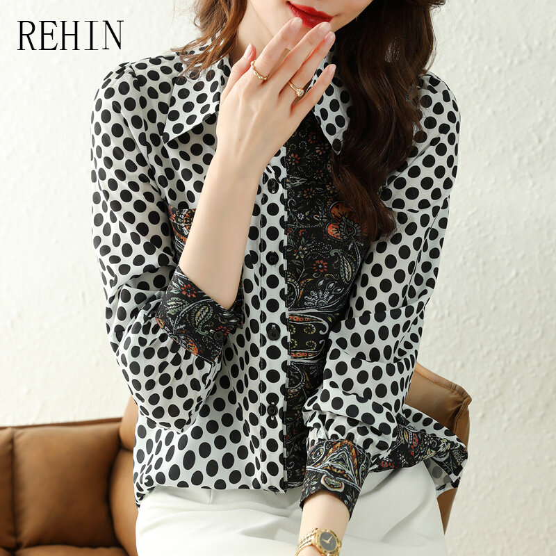 Rehin áo nữ áo lụa dài tay chấm bi áo cánh thanh lịch có ve áo lụa dâu tằm cao cấp thời trang pháp mới