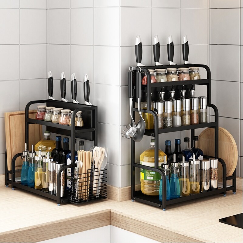 Gambar Black shelf multi functional kitchen supplies mesa seasoning frame head multilayer oil salt sauce vinegar to receive a shelf