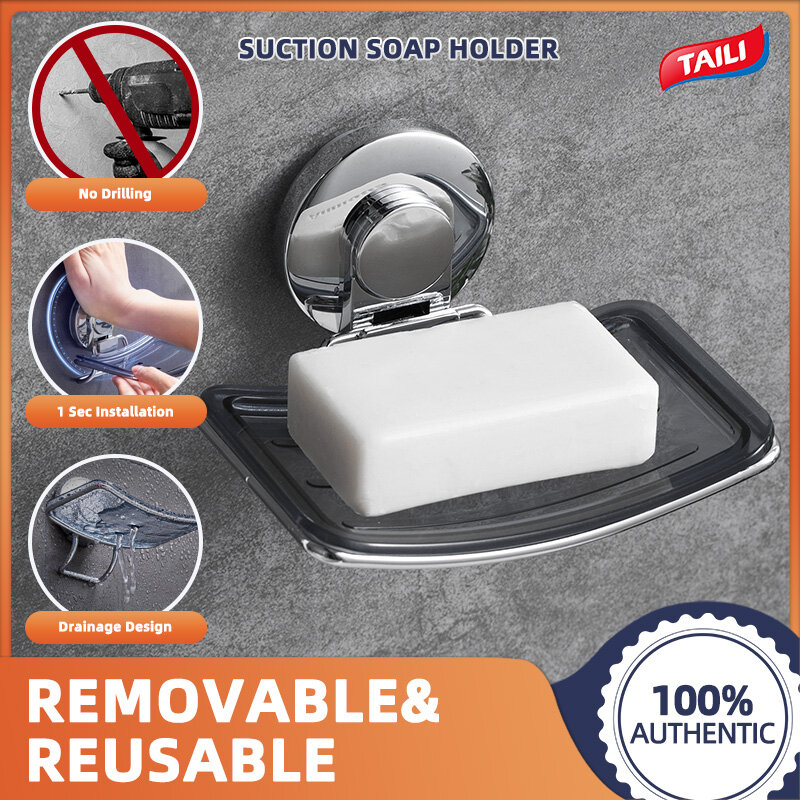TAILI Chrome Suction Cup Soap Dish Soap Holder for Shower Wall Drill-Free Rustproof Waterproof Self-Draining Wall Mount Strong Suction Removable Bar Soap Sponge Holder for Bathroom Bathtub Kitchen ราคา 169 บาท*ส่งฟรี