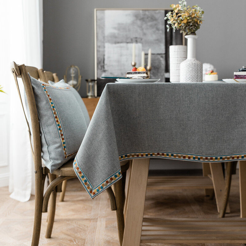 Gambar ?? Ready Stock??Nordic Style Solid Color Tablecloth Waterproof Tablecloth Grey Cotton Rectangular Embroidery