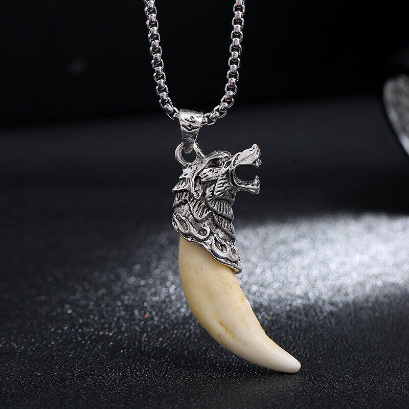 Boar Tooth Pendant Titanium Steel Necklace Pendant inlaid with Tibetan Silver