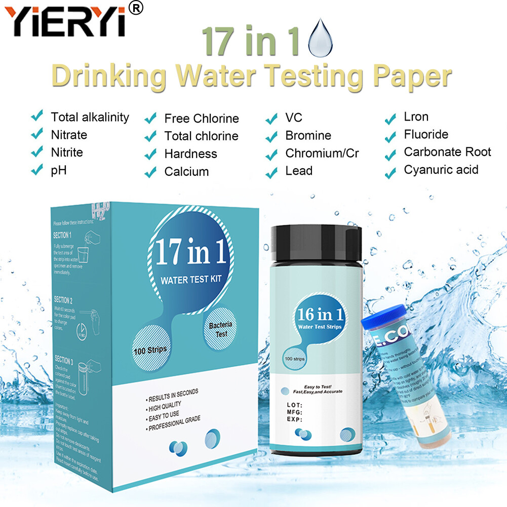 Yieryi 100 cái Que thử nước, kiểm tra chất lượng nước gia đình 16 trong 1, hồ bơi, Bộ test nước Spa, nitrat nitrite, độ cứng PH