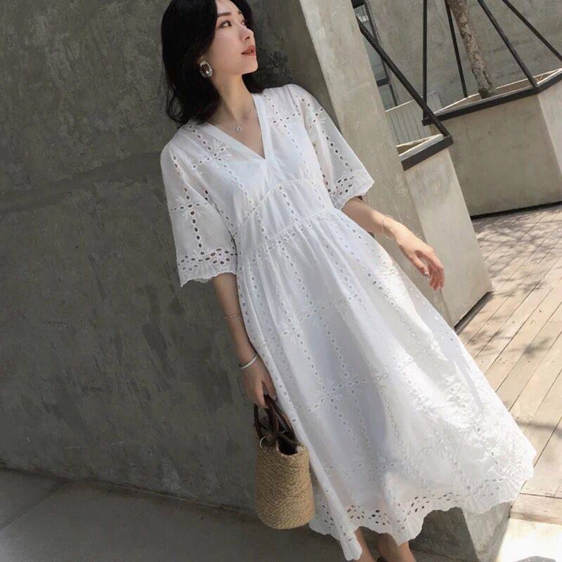 Q38979 # đầm bầu đầm ren màu trắng đầm bầu mùa hè ôm eo thanh lịch cho nữ hàng mới về